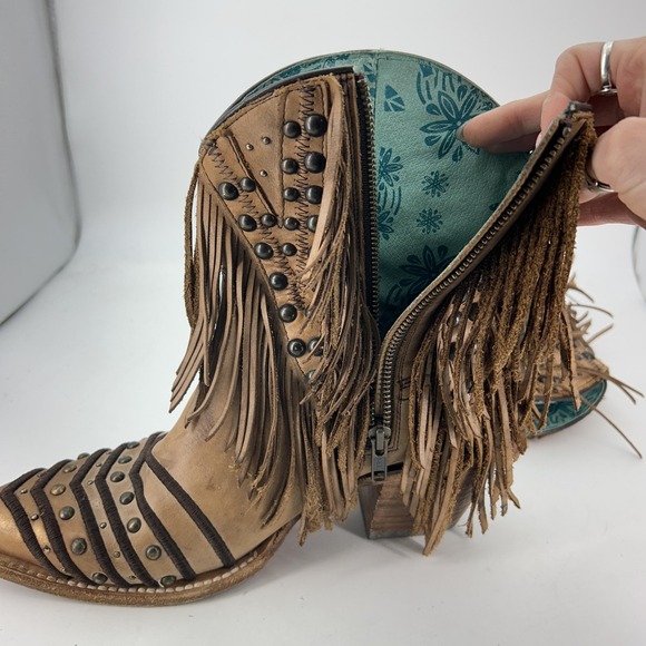 Corral Boots Womens Size 10 Tan Fringe Studded Western Cowgirl Zip Boho Ankle - Picture 11 of 16